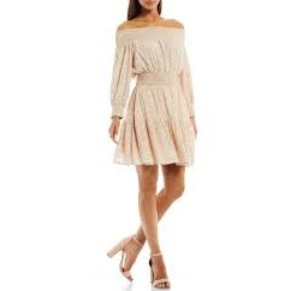 $119 GIANNI BINI Ella Long Sleeve Off-the-Shoulder Smocked A-Line DRESS‎ SM NWT